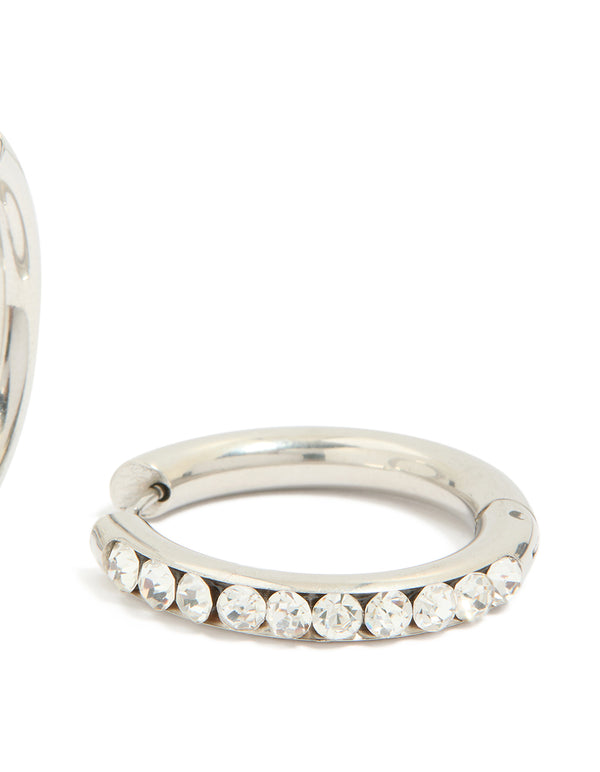 Presenting waterproof stainless steel half diamante hinge hoop earrings crafted from silver in clear stone post detail view