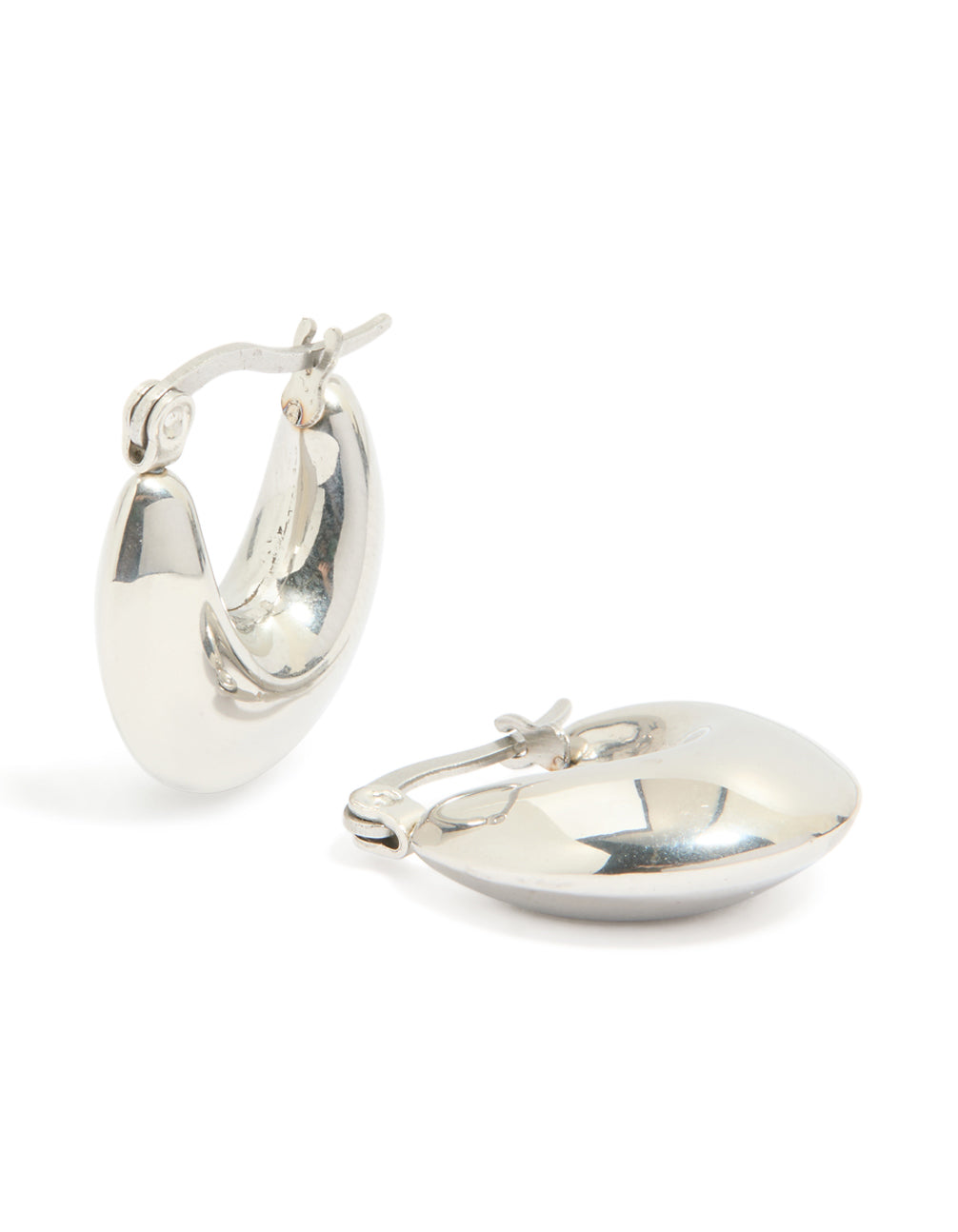 Showcasing waterproof stainless steel bubble half hoop earrings with silver finish front view