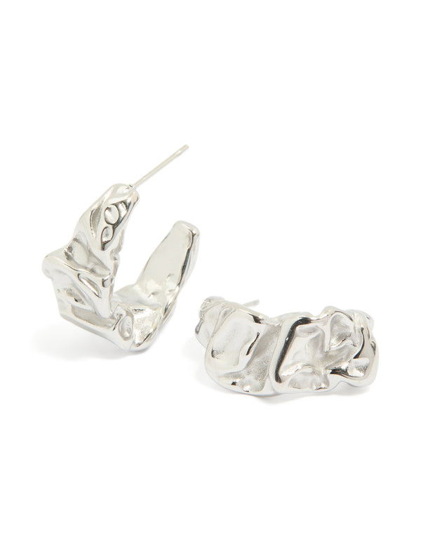 Introducing waterproof stainless steel crater hoop earrings with textured silver finish post detail view