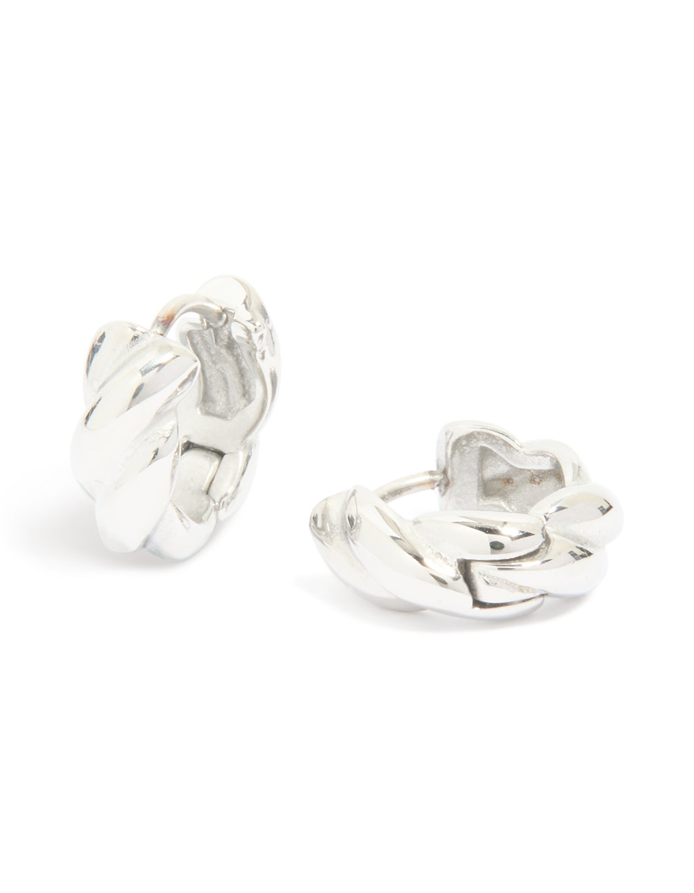 Showcasing waterproof stainless steel twisted hoop earrings in silver front view