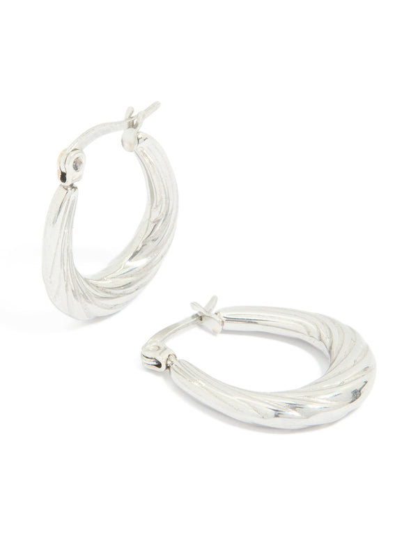 Discover waterproof textured stainless steel oval hoop earrings in silver front view