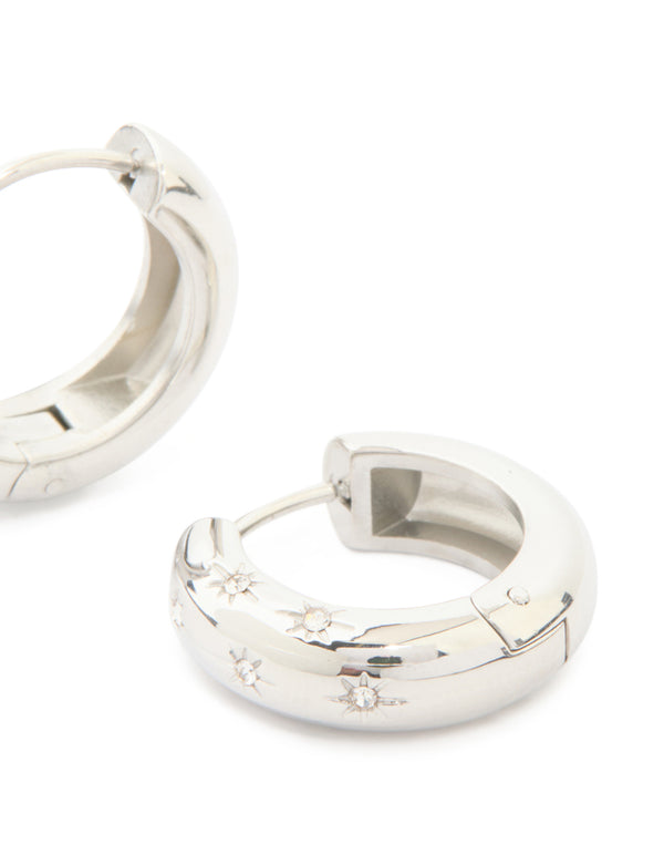Highlighting waterproof stainless steel cubic zirconia star hanging hoop earrings with celestial detail post detail view