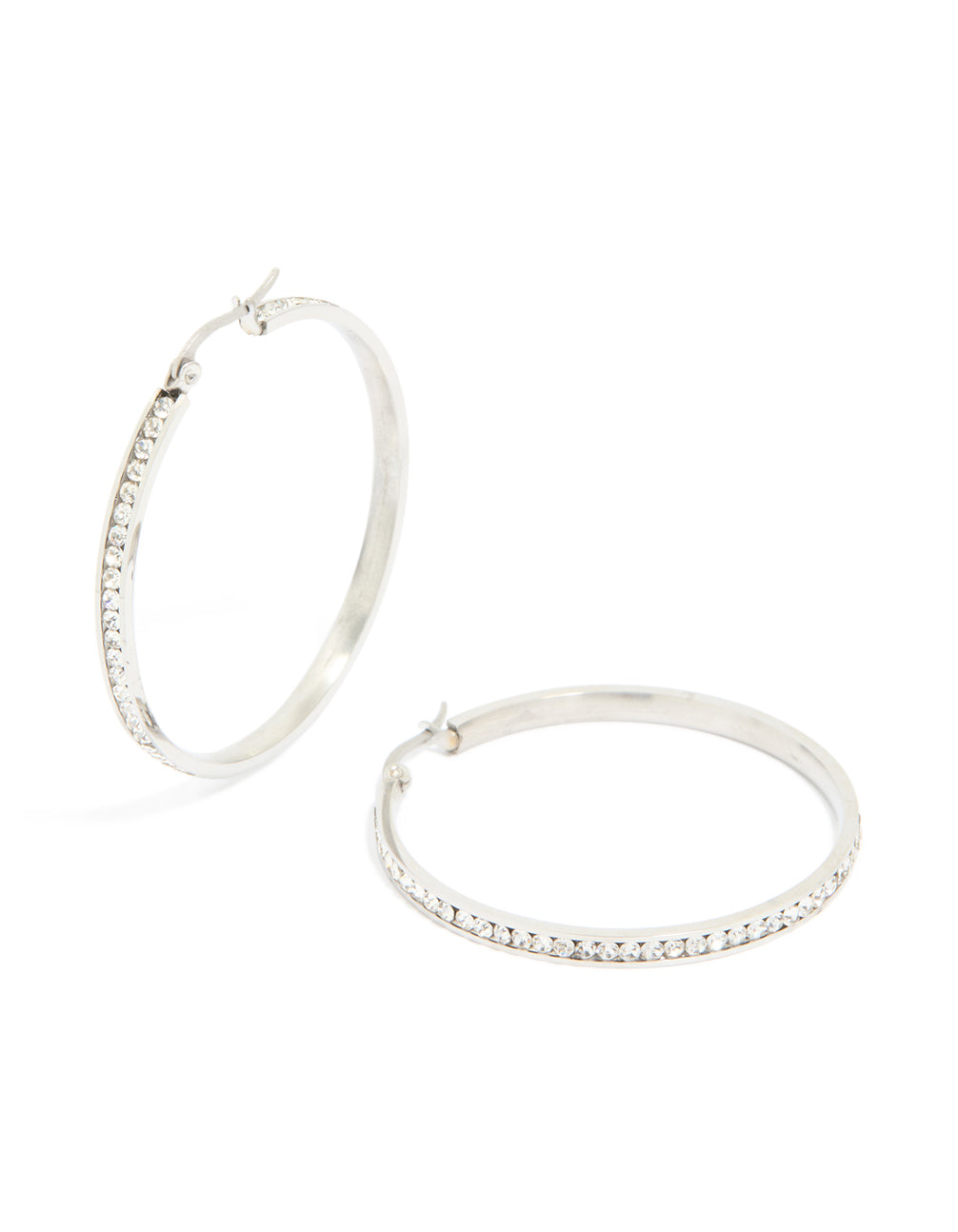 Discover waterproof stainless steel diamante hoop earrings featuring 45 MM design with silver and clear tones front view