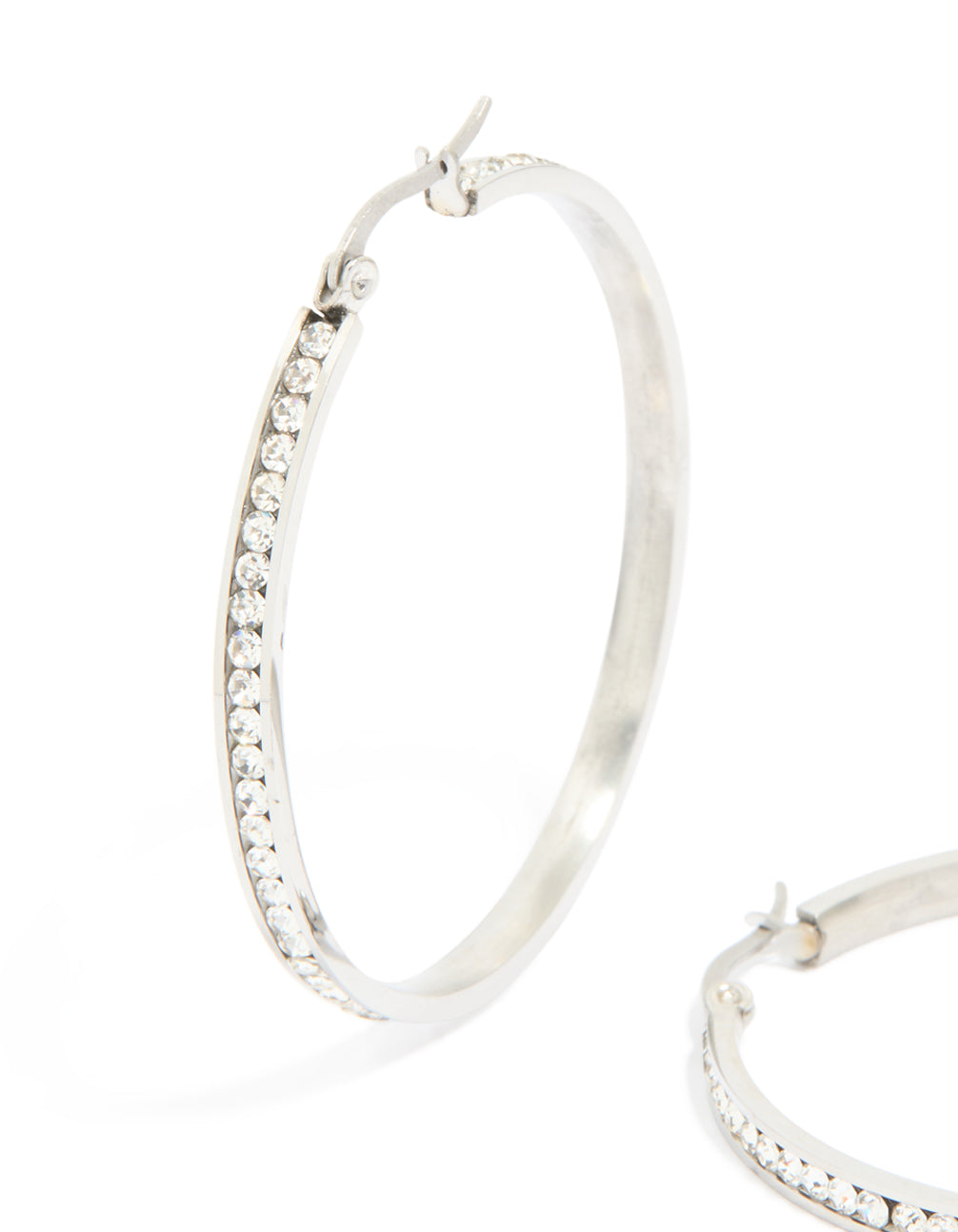 Stunning waterproof stainless steel diamante hoop earrings 45 MM showcasing silver and clear tones close up view