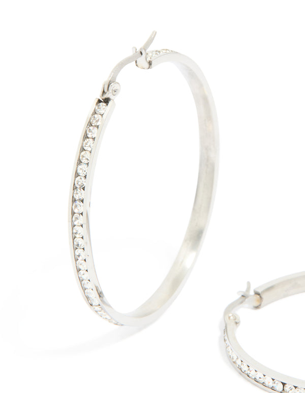 Stunning waterproof stainless steel diamante hoop earrings 45 MM showcasing silver and clear tones close up view