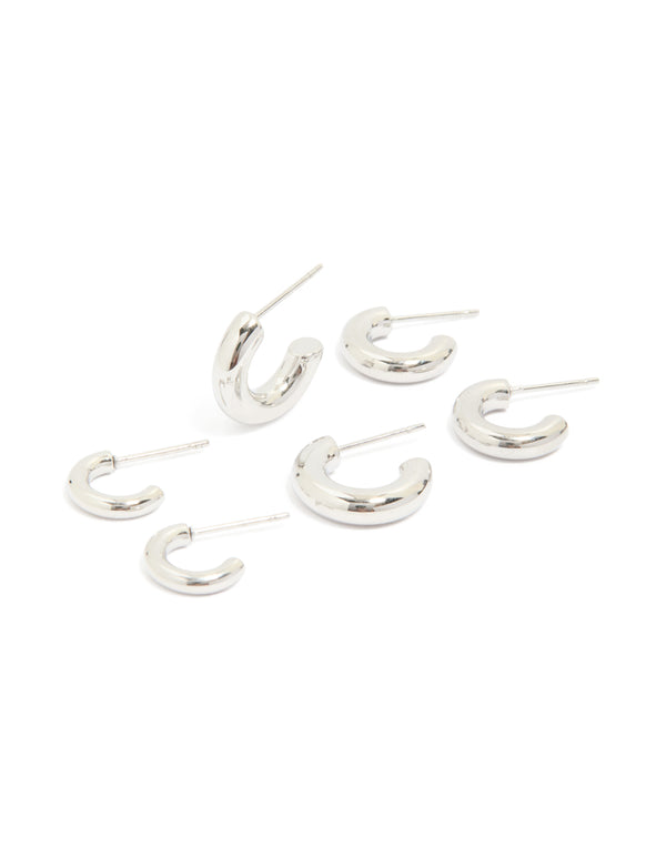 Featuring waterproof stainless steel multi-sized hoop earrings in a 3-pack with silver color front view