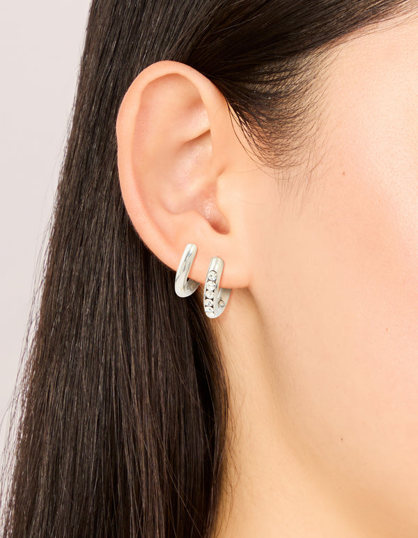 Waterproof Stainless Steel Cubic Zirconia & Smooth Chunky Huggie Earrings 2-Pack