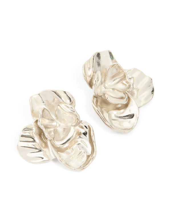 Showcasing waterproof stainless steel statement flower stud earrings with floral design in silver front view