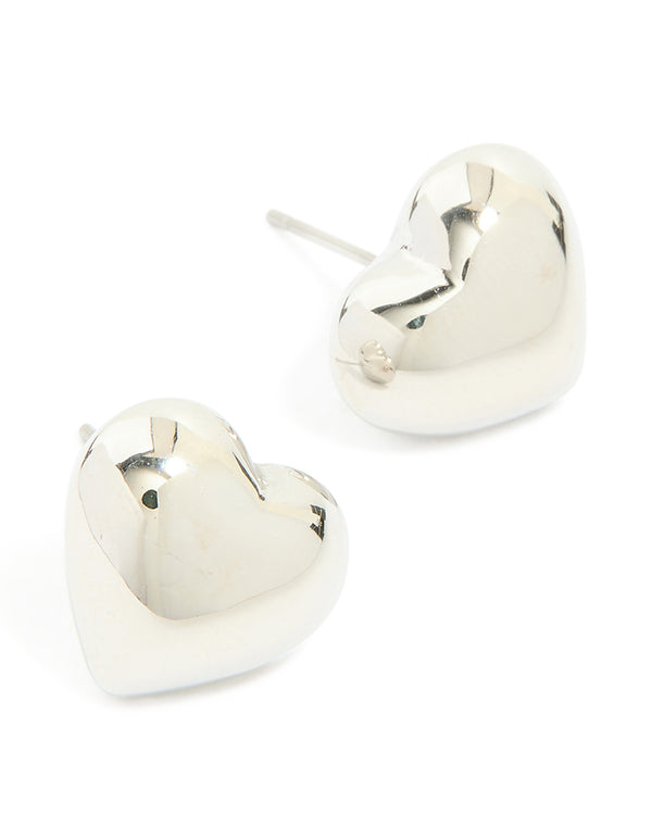 Showcasing small chunky heart stud earrings crafted from waterproof stainless steel in silver front view