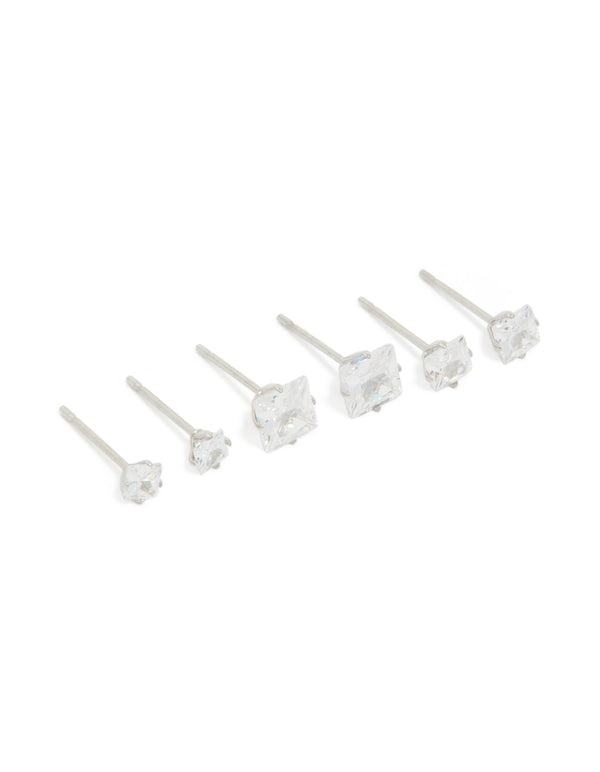 Showcasing waterproof stainless steel cubic zirconia square stud earrings in a 3-pack set with silver and clear stones front view