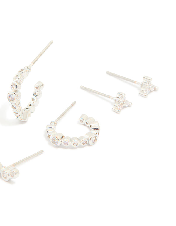 Discover waterproof stainless steel diamante stacking earrings presented as a 4-pack with silver tone post detail view