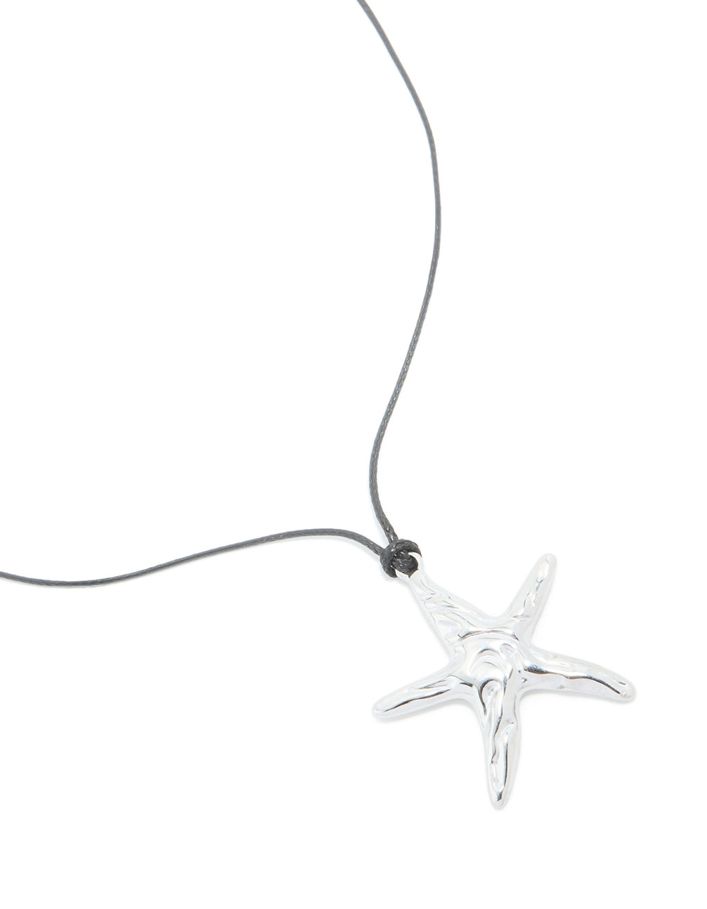 Showcasing a waterproof stainless steel starfish cord necklace featuring ocean-inspired with dainty styling in silver and black close up view