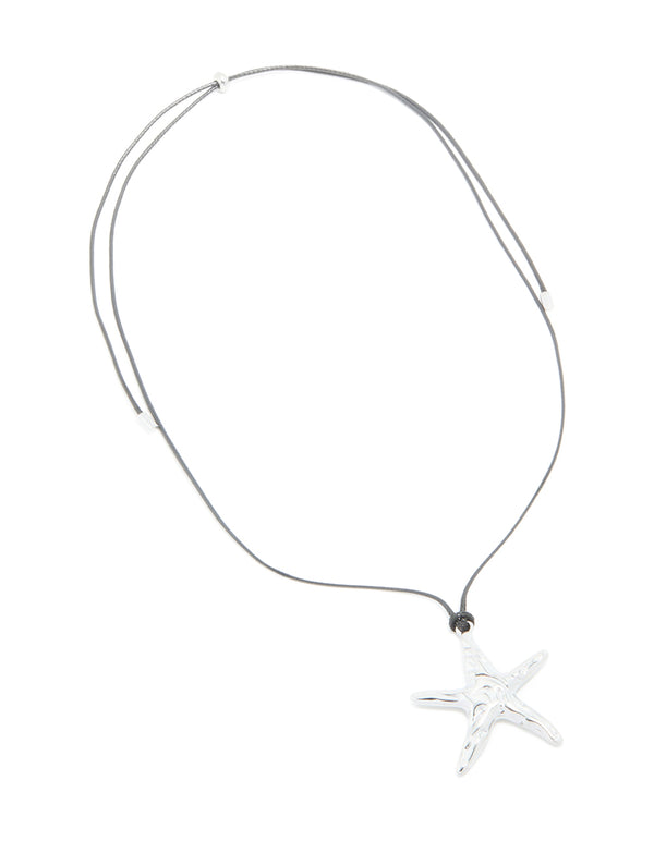 Crafted from waterproof stainless steel starfish cord necklace with ocean-inspired in dainty silver and black close up view