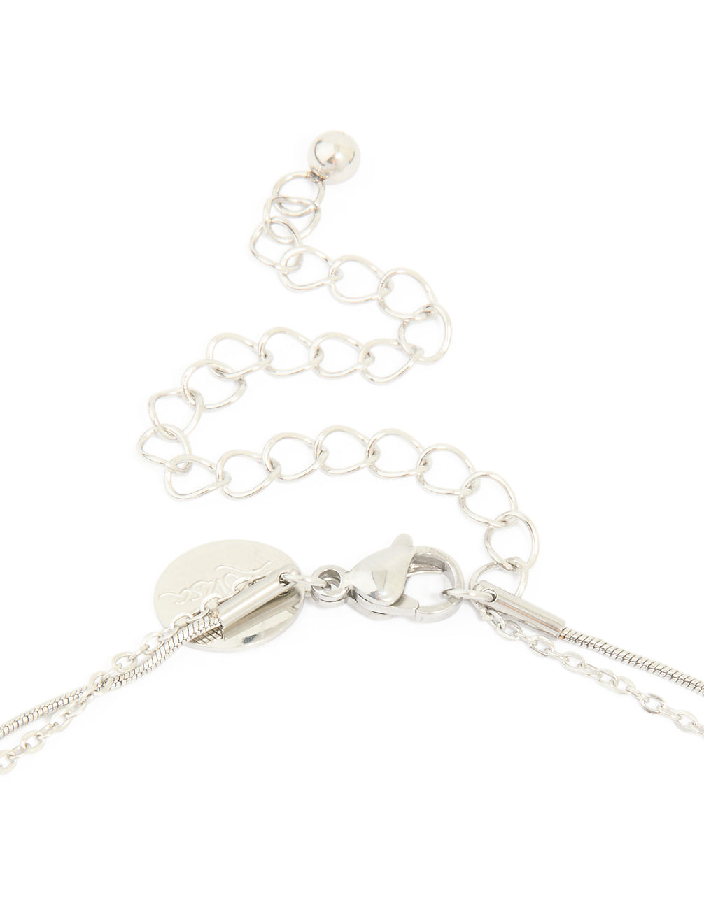 Featuring a waterproof stainless steel multi heart charm layered necklace in silver clasp detail view