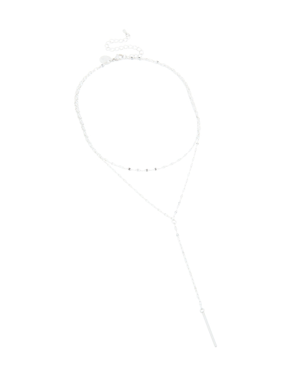 Showcasing this waterproof stainless steel multi layered chain Y-necklace in silver featuring dainty design front view