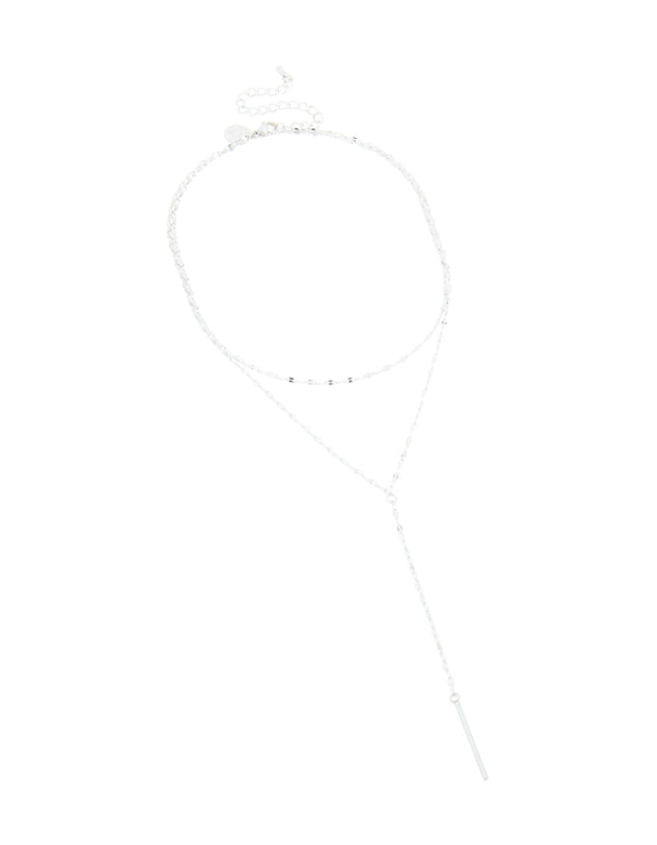 Showcasing this waterproof stainless steel multi layered chain Y-necklace in silver featuring dainty design front view