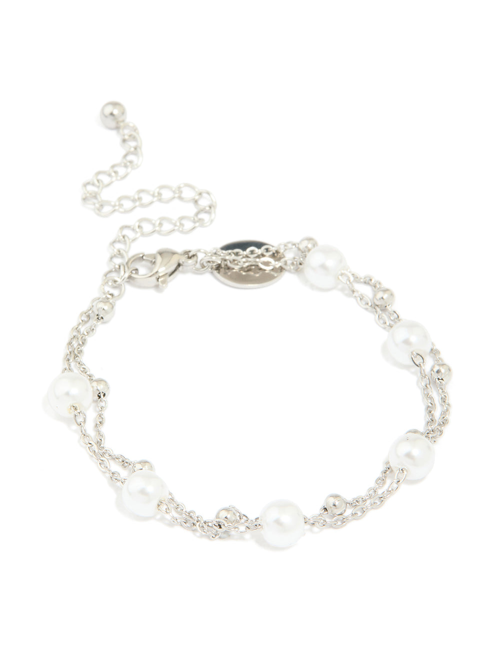 Featuring a waterproof stainless steel pearl and ball layered bracelet in white and silver front view