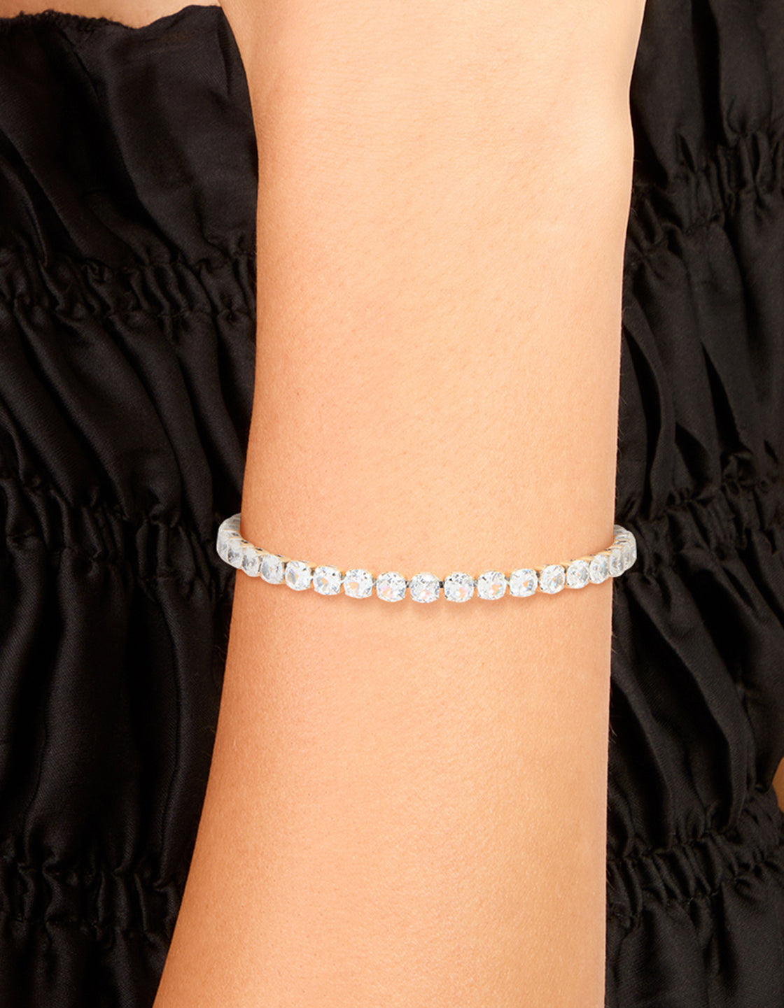 This waterproof stainless steel cubic zirconia classic tennis bracelet in silver on wrist view
