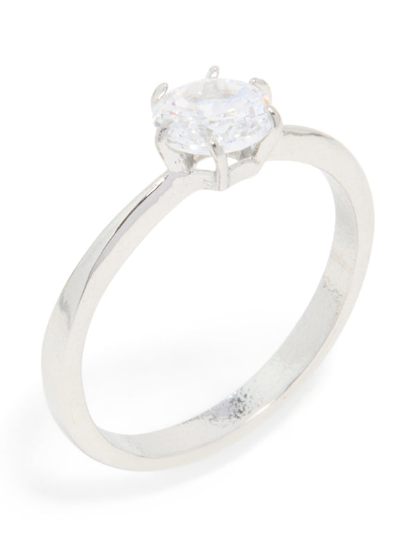 Presenting a waterproof stainless steel diamante solitaire band ring in silver and clear stone with statement details close up view