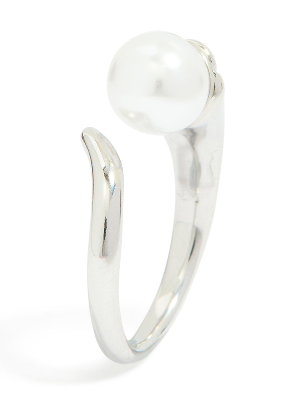 Featuring a pearl, this waterproof stainless steel open wrap around ring in silver and white side detail view