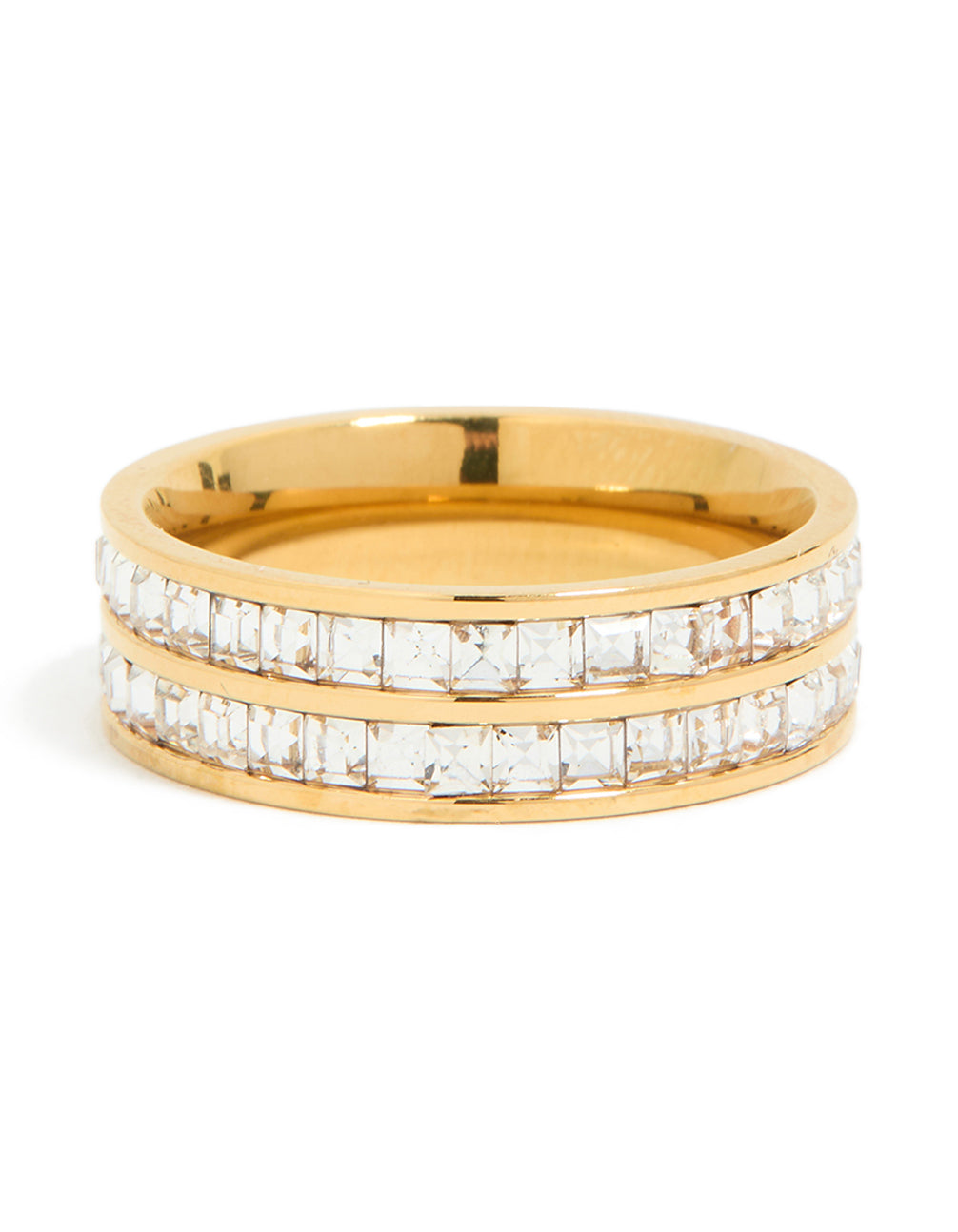 Discover a waterproof gold plated stainless steel ring featuring square cubic zirconia in a double layered design front view
