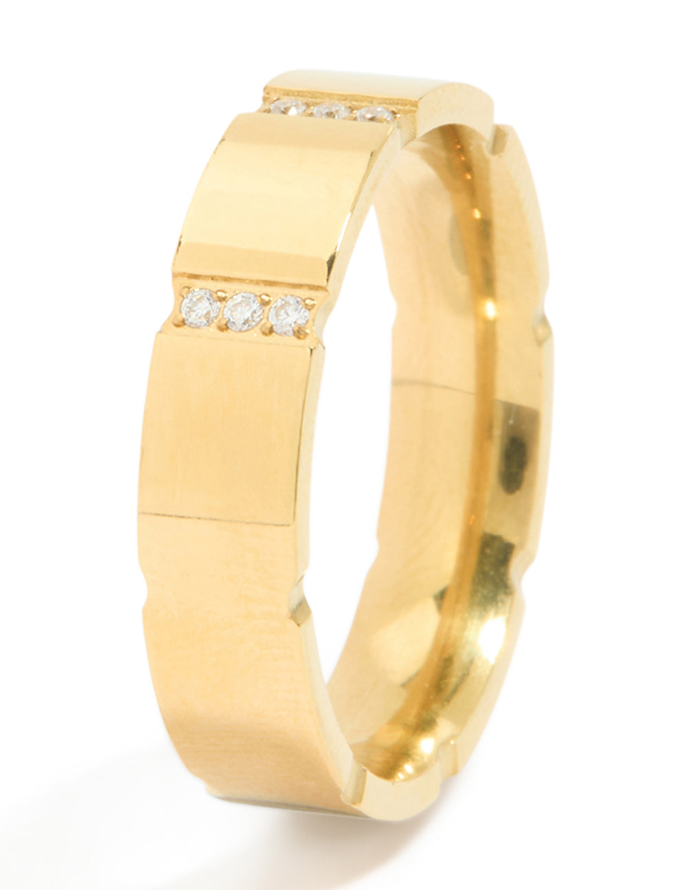 This waterproof gold plated stainless steel trio stripe ring with cubic zirconia side detail view