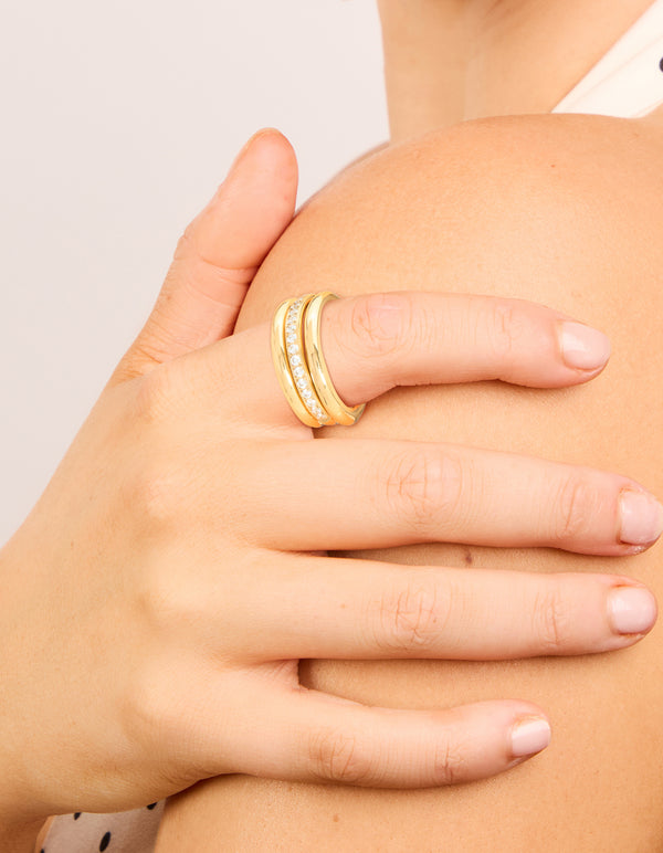 Waterproof Gold Plated Stainless Steel Cubic Zirconia Band & Smooth Rings 3-Pack