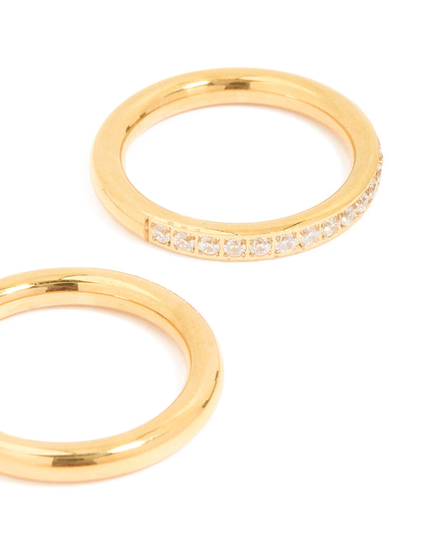 Waterproof Gold Plated Stainless Steel Cubic Zirconia Band & Smooth Rings 3-Pack