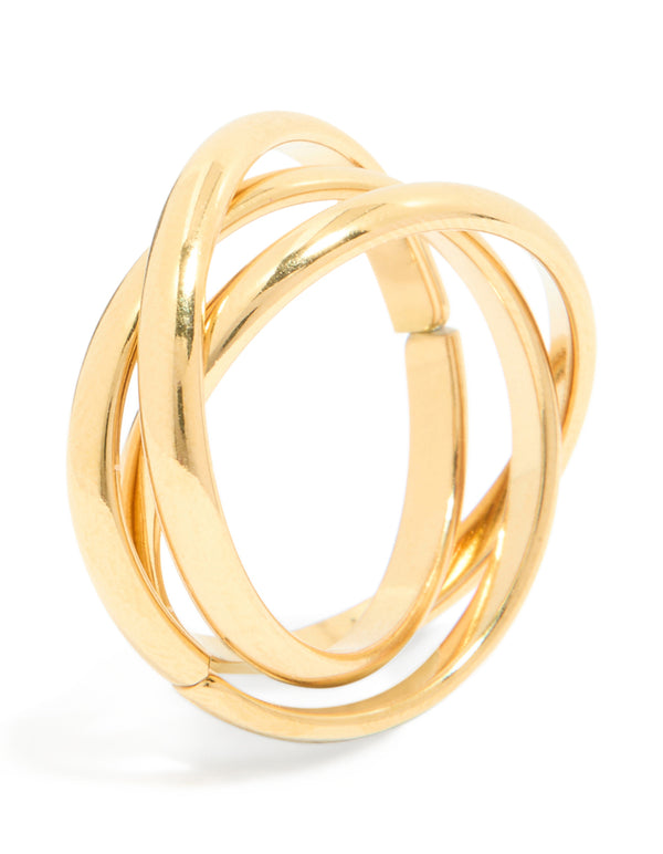 A waterproof gold plated stainless steel locked trio band layered ring in side detail view
