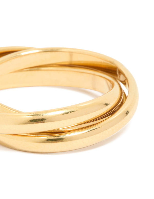 Designed with waterproof gold plated stainless steel, this locked trio band layered ring close up view