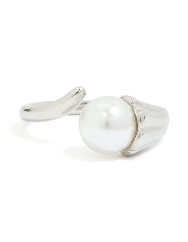 Highlighting a waterproof stainless steel pearl open wrap around ring in silver and white close up view