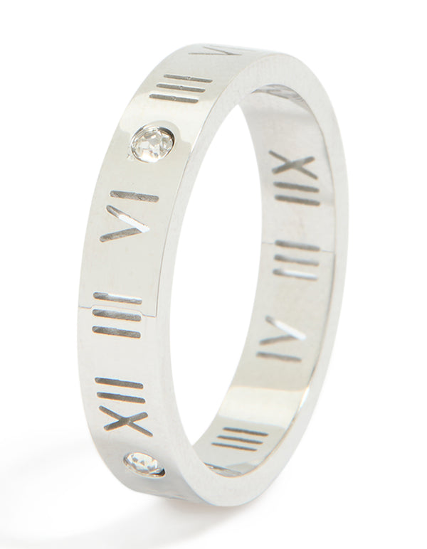 Expertly crafted waterproof stainless steel cubic zirconia roman numeral ring in silver and clear stone side detail view