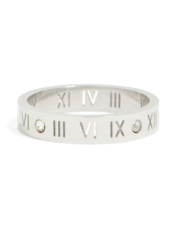 Beautifully crafted waterproof stainless steel cubic zirconia roman numeral ring in silver and clear stone front view