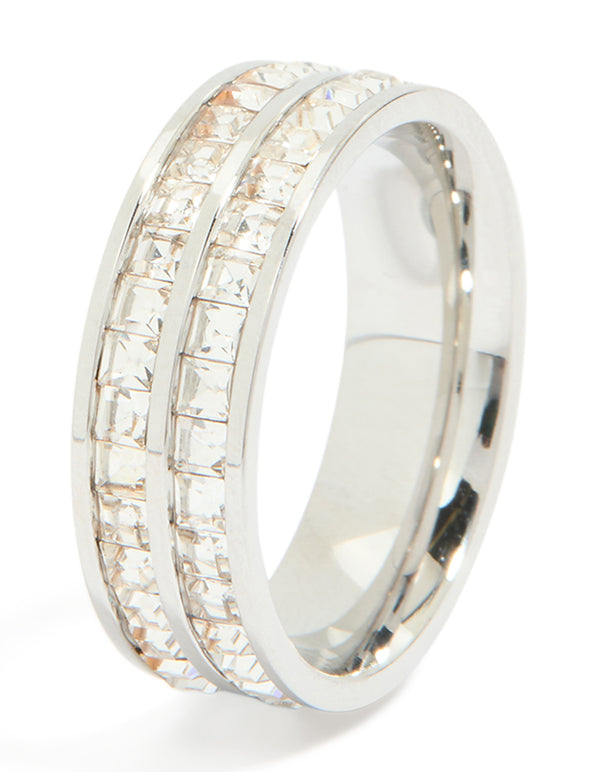 Featuring waterproof stainless steel square cubic zirconia double layered ring in silver and clear stone side detail view