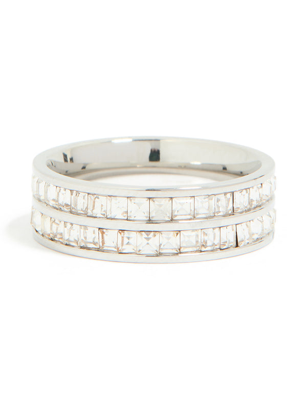 Waterproof Stainless Steel Square Cubic Zirconia Double Layered Ring