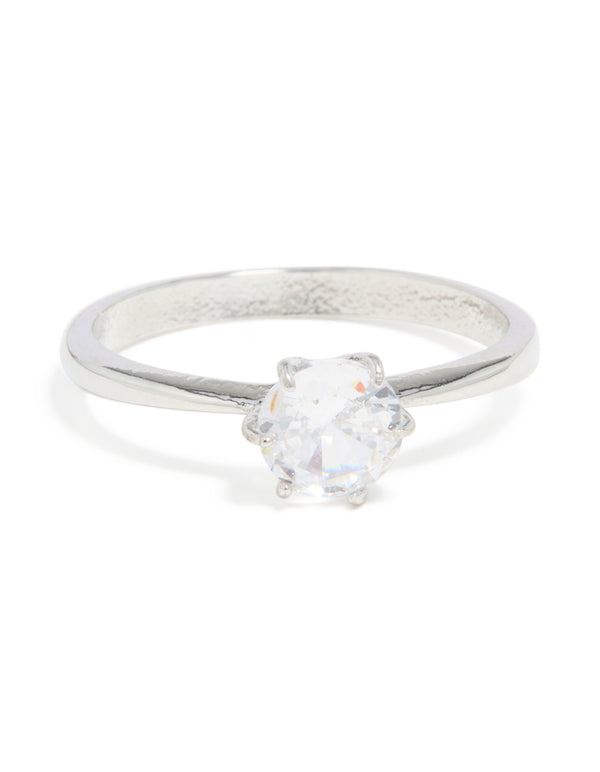 Beautifully designed waterproof stainless steel diamante solitaire band ring in silver and clear stone with statement styling close up view