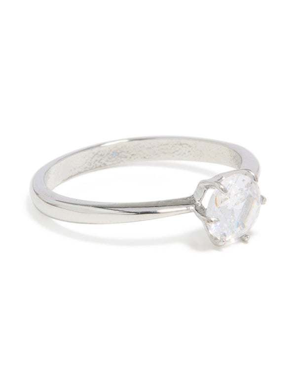 Introducing a waterproof stainless steel diamante solitaire band ring in silver and clear stone with statement styling side detail view