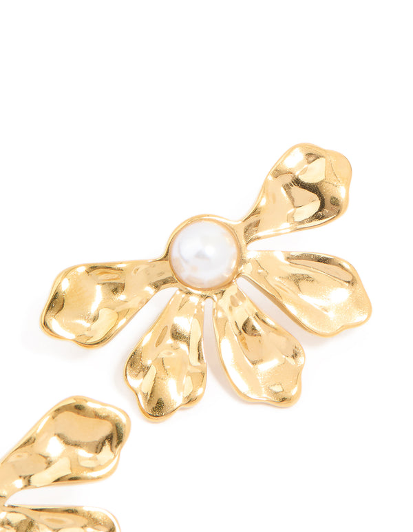 Waterproof Gold Plated Stainless Steel Pearl Half Flower Stud Earrings