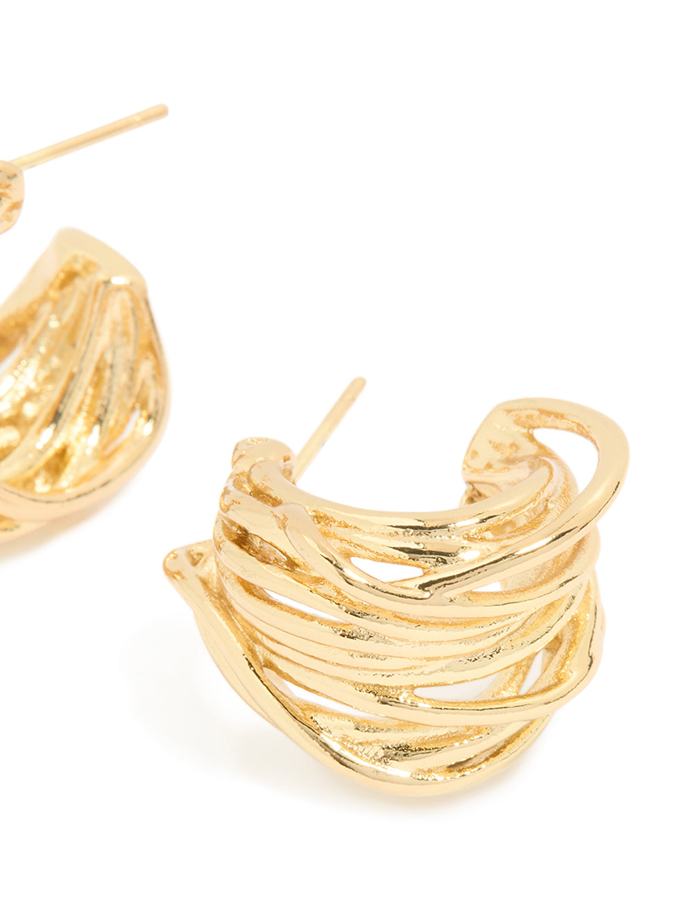 Detailed view of waterproof gold plated stainless steel multi row huggie earrings revealing back post and closure mechanism post detail view