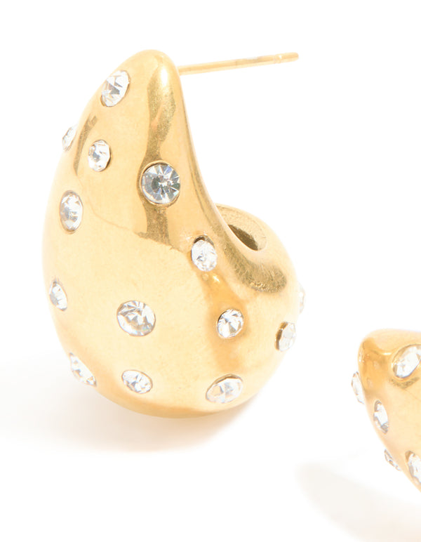 Waterproof Gold Plated Stainless Steel Diamante Teardrop Bubble Earrings