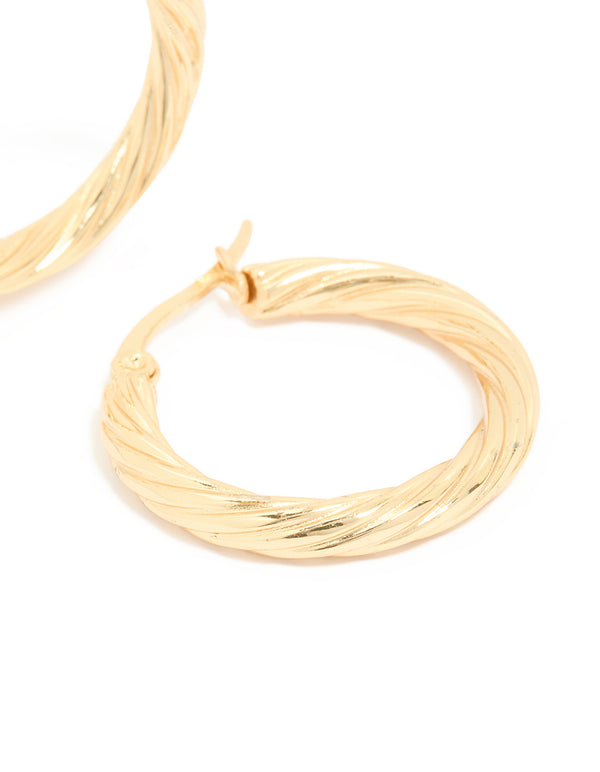Waterproof Gold Plated Stainless Steel Twisted Medium Hoop Earrings