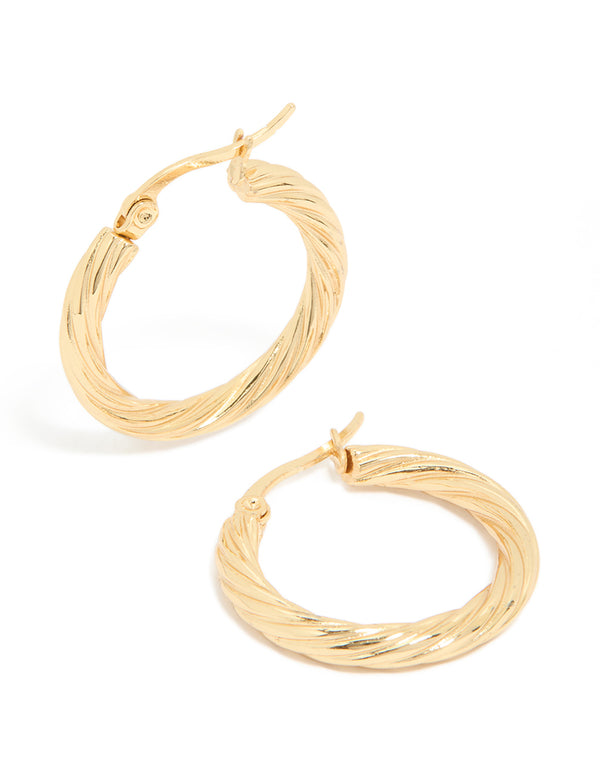 Waterproof Gold Plated Stainless Steel Twisted Medium Hoop Earrings