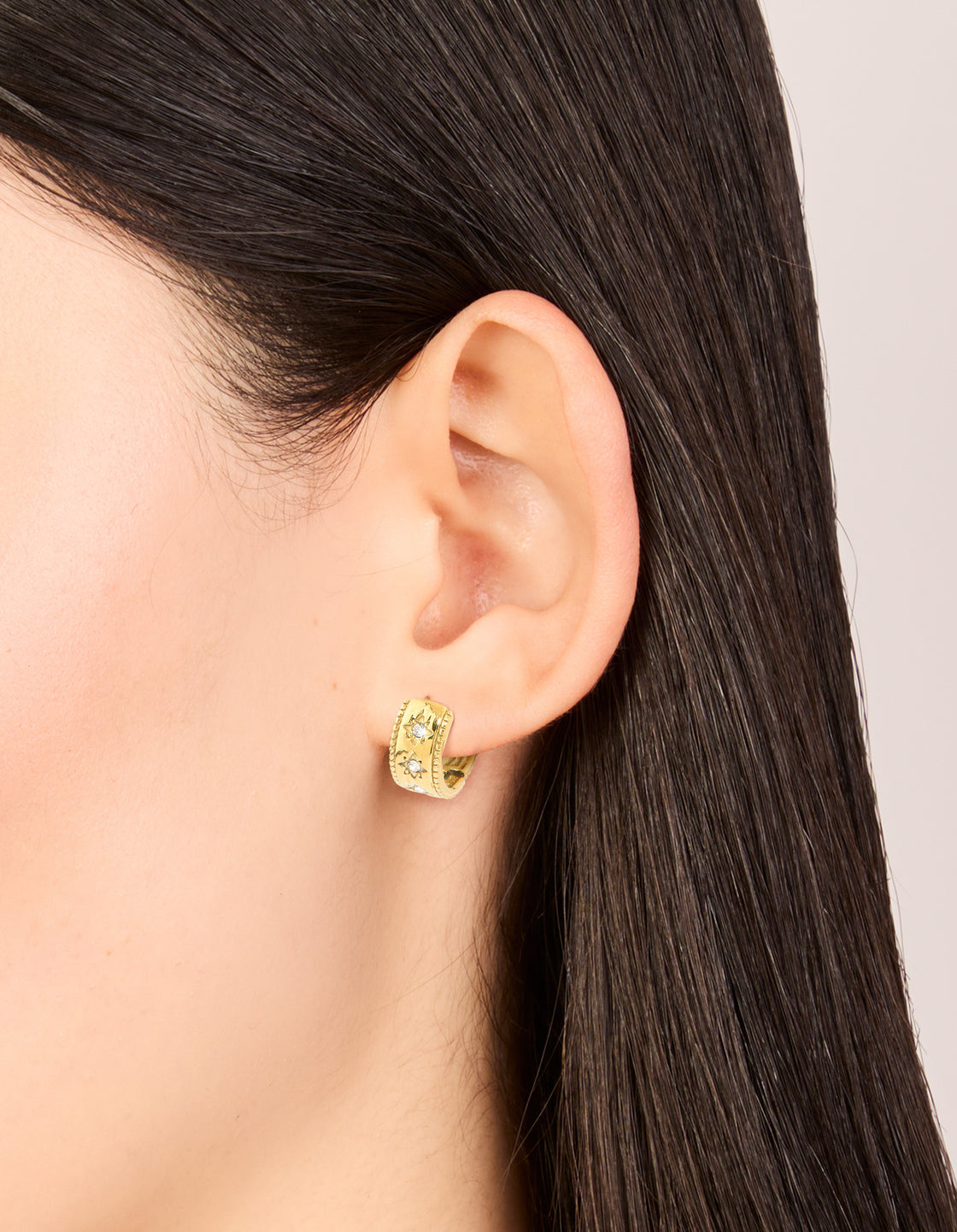 Waterproof Gold Plated Stainless Steel Cubic Zirconia Celestial Etched Hoop Earrings