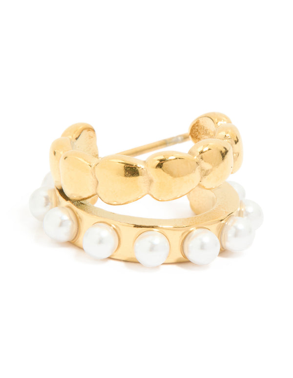 Waterproof Gold Plated Stainless Steel Pearl & Disc Hoop Earrings