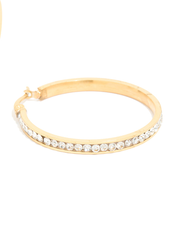 Waterproof Gold Plated Stainless Steel Diamante Hoop Earrings 35 MM