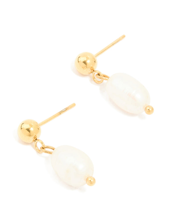Waterproof Gold Plated Stainless Steel Pearl & Ball Stud Drop Earrings