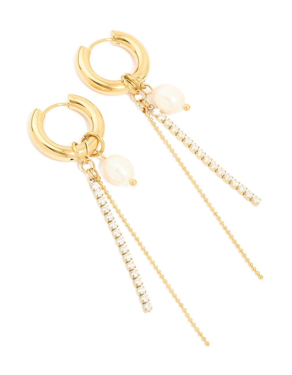 Showcasing waterproof gold plated stainless steel huggie earrings featuring freshwater pearl charm with diamante cup chain detail front view