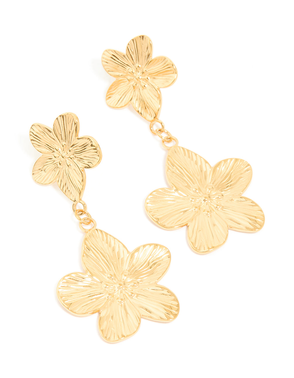 Beautifully crafted waterproof gold plated stainless steel flower drop earrings front view