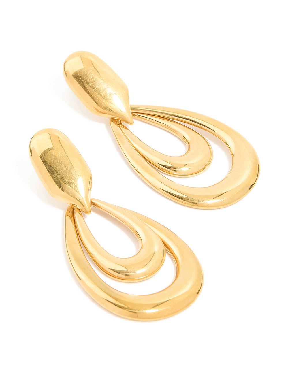 Introducing waterproof gold plated stainless steel double doorknocker earrings with statement style front view