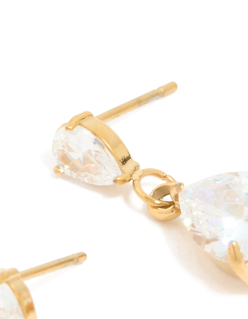 Designed with waterproof gold plated stainless steel and cubic zirconia, these dainty drop earrings showcase post detail view